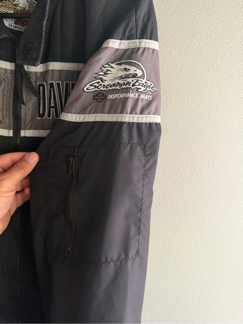 Harley Davidson Racing Jacket‎ Men Black Gray Nylon Windbreaker Zip Up VTG Sz XL